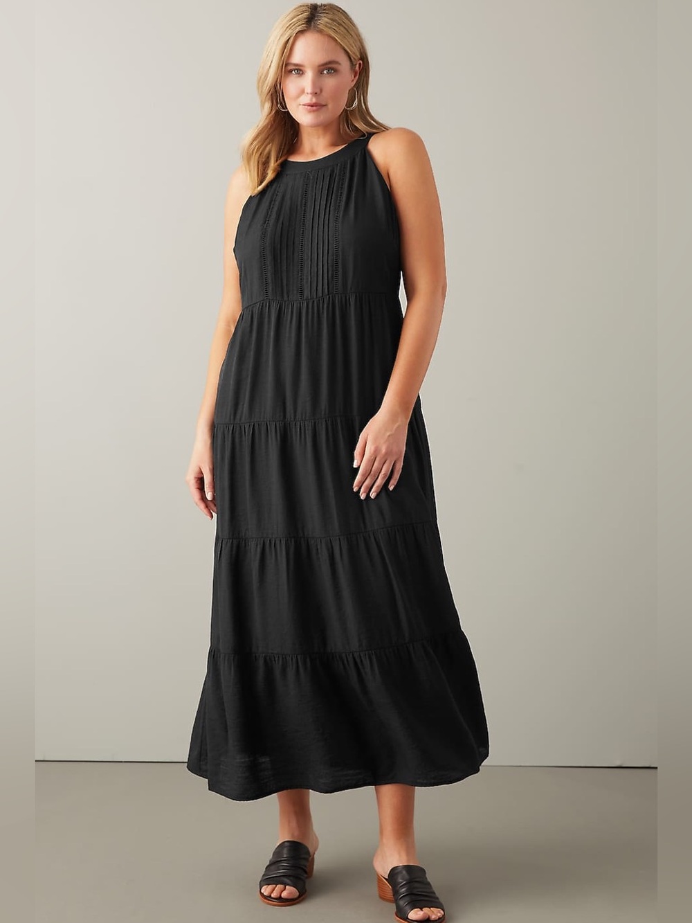 J JILL NWT L Tiered Maxi Dress in Black • Pintucked Lace Trim • Boho Long Length
